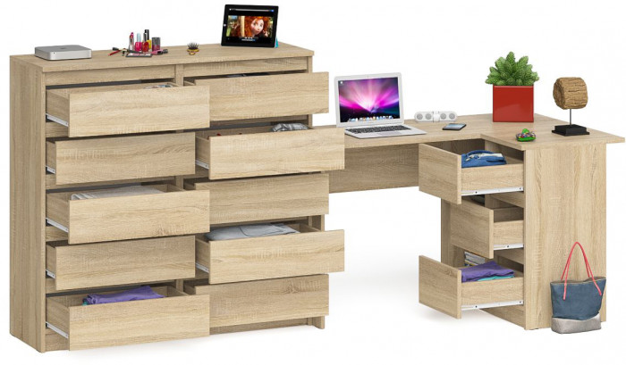 Мори компьютерный стол МС-16 правый + Комод МК1200.10, дуб сонома