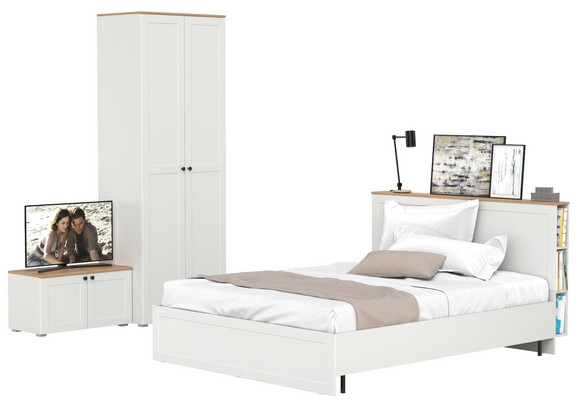 Остин 11.53 Кровать + ортопед + 13.224 Шкаф + 13.257 Тумба, белый шагрень/дуб крафт золотой