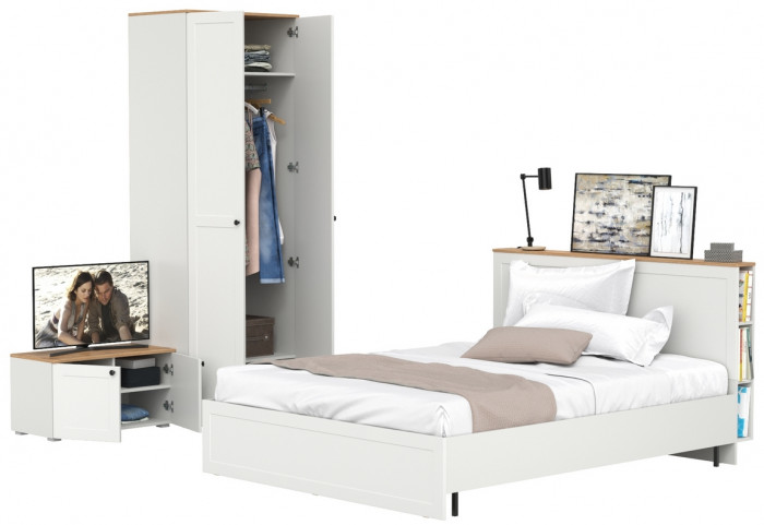 Остин 11.53 Кровать + ортопед + 13.224 Шкаф + 13.257 Тумба, белый шагрень/дуб крафт золотой