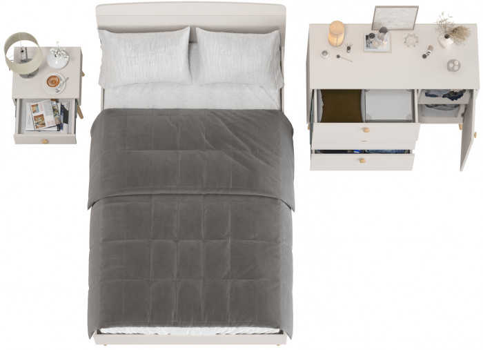 Афина Спальня Кровать 1200 + Комод + Тумба, цвет кашемир серый, ШхГхВ 123,6х210,2х95,7 + 110х45,3х83 + 45х37х45 см., 1200х2000 мм., б/м, осн. есть