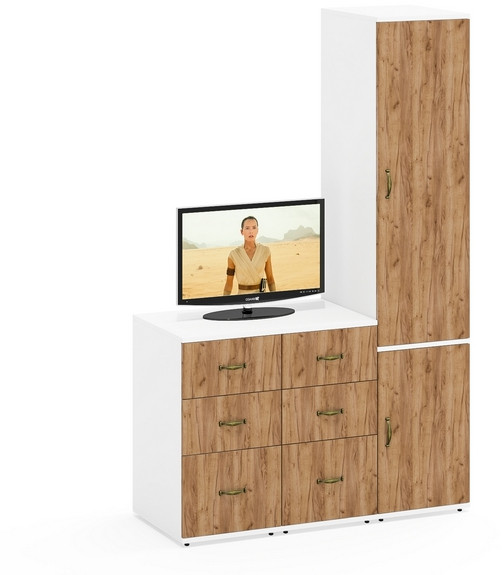 Лидер-8 Пенал МД 23Б + Тумба МД 3.16 + Тумба МД 3.16, белый шагрень/крафт золото