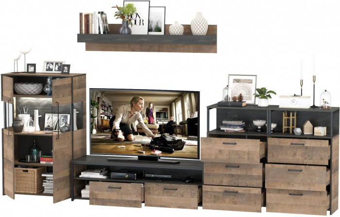 Трувор Гостиная 109, цвет дуб гранж песочный/интра, ШхГхВ 367,6х45,4х195 см., универсальная сборка