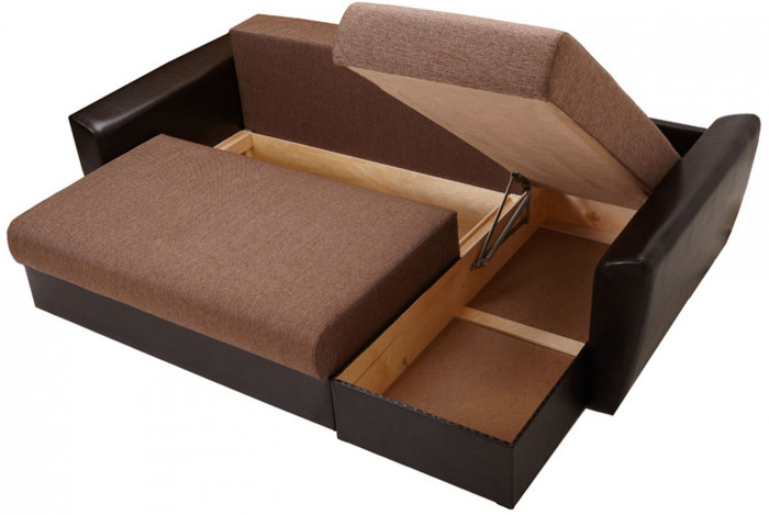 Диван-кровать угловой Амстердам, 150х200, еврокнижка, рогожка/экокожа, коричневый