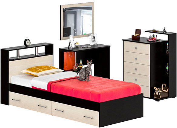 Камелия спальня № 14 Кровать с ящиками 900 + Стол косметический + Зеркало + Комод, венге/дуб лоредо