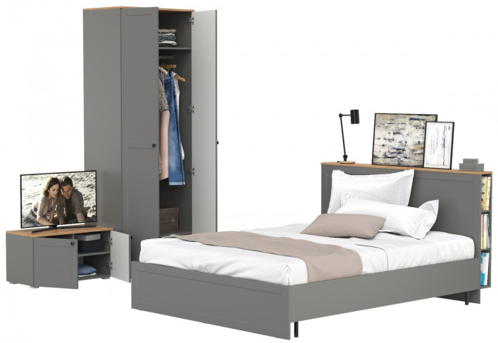 Остин 11.53 Кровать + ортопед + 13.224 Шкаф + 13.257 Тумба, серый графит/дуб крафт золотой