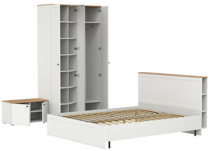 Остин 11.53 Кровать + ортопед + 13.336.03 Шкаф для одежды + 13.257 Тумба, белый шагрень/дуб крафт золотой