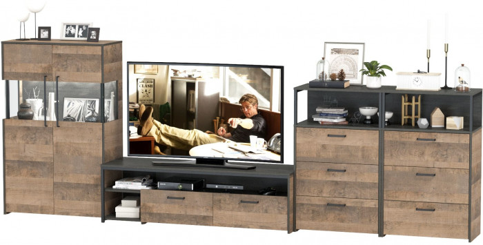 Трувор Гостиная 110, цвет дуб гранж песочный/интра, ШхГхВ 367,6х45,4х135,3 см., универсальная сборка