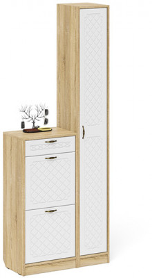 Прихожая П-6 Компоновка № 22, цвет дуб сонома/фасады МДФ белое дерево фрезеровка ромб, ШхГхВ 80х35х210 см., универсальная сборка