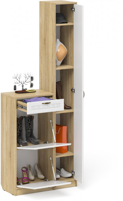 Прихожая П-6 Компоновка № 22, цвет дуб сонома/фасады МДФ белое дерево фрезеровка ромб, ШхГхВ 80х35х210 см., универсальная сборка