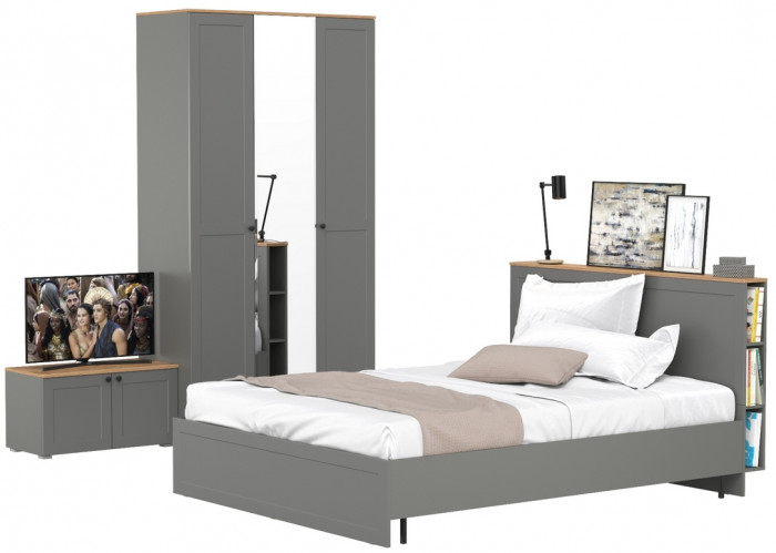 Остин 11.53 Кровать + ортопед + 13.336.03 Шкаф для одежды + 13.257 Тумба, серый графит/дуб крафт золотой