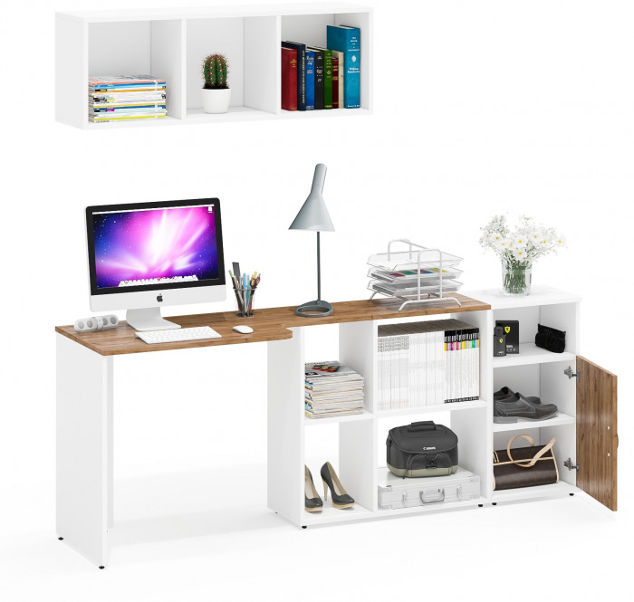 Лидер-8 Стол + Полка + Тумба МД 3.19, цвет белый шагрень/крафт золото, ШхГхВ 205х50/30х75 см. или 115х50/120х75 см., НЕ универсальная сборка