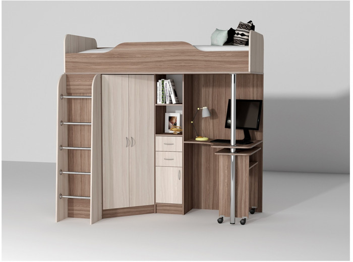 Кровать-чердак Бриз-1 80х190 (Бетон Светлый / Белый Глянец)