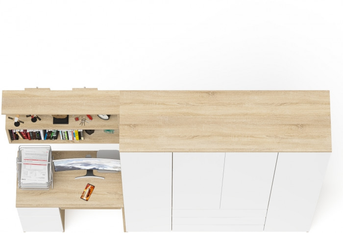 Мори Стол компьютерный МС-1 левый + Шкаф МШ1600.1 + Полка 900, цвет дуб сонома/белый, ШхГхВ 250,4х50,4х209,6 см., НЕ универсальная сборка