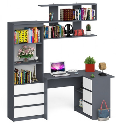 Мори компьютерный стол МС-16 правый + Стеллаж МСТ600.3 + Полка 1200, графит/белый