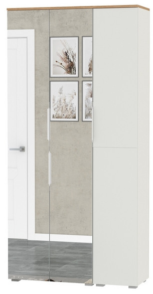 Октава 13.338 Шкаф для одежды + 13.228 Пенал, белый шагрень/дуб крафт золотой/фасады МДФ белый шагрень/зеркало