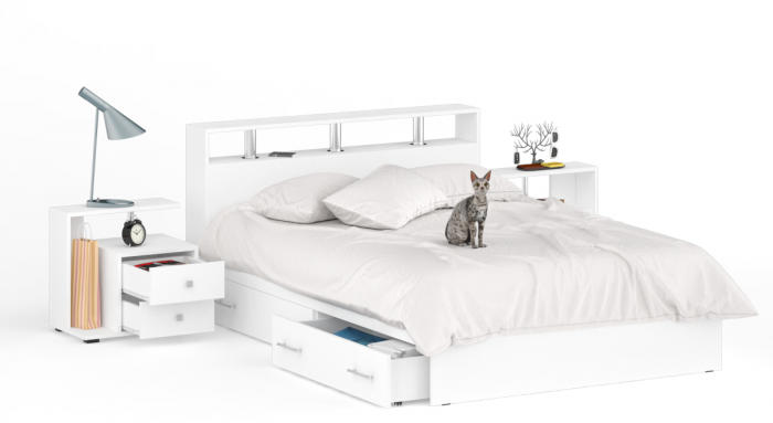 Камелия Кровать с ящиками 1400 + две тумбы, цвет белый, ШхГхВ 256х217х78,2 см., сп.м. 1400х2000 мм., без матраса, основание есть