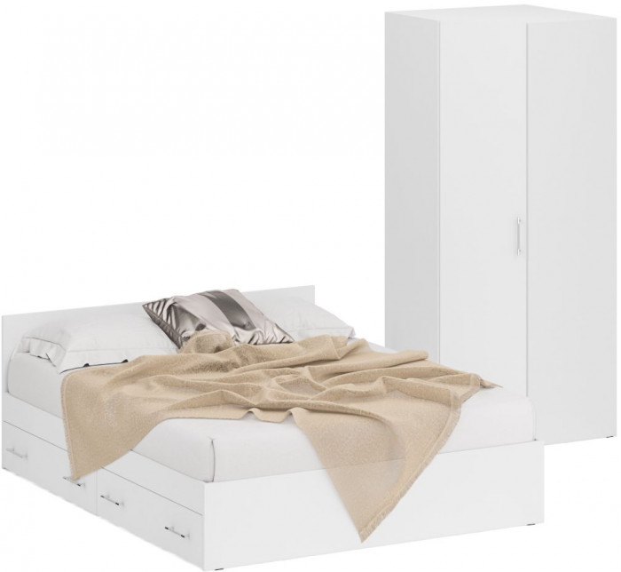 Кровать с ящиками 1600 + Шкаф угловой Стандарт, цвет белый, ШхГхВ 163,5х203,5х70 + 81,2х81,2х200 см., сп.м. 1600х2000 мм., без матраса, основание есть
