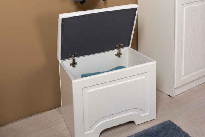 Ливерпуль Пуф 14.02 + Зеркало навесное 03.242, цвет ясень ваниль/белый/эко-кожа гранд белый, ШхГхВ 55х35х210 см., пуф на колёсах, подъёмная крышка