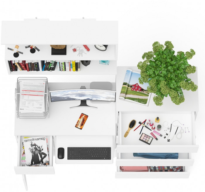 Мори Стол компьютерный МС-1 левый + Комод МК700.5 + Полка 900, цвет белый, ШхГхВ 160,4х50х209,6 см., НЕ универсальная сборка