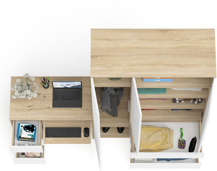 Мори компьютерный стол МС-6 левый + Шкаф МШ1200.1, дуб сонома/белый