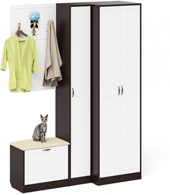 Прихожая П-6 Компоновка № 27, цвет венге/фасады МДФ белое дерево фрезеровка прованс, ШхГхВ 150х50х210 см., универсальная сборка