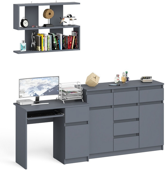 Мори компьютерный стол МС-1 правый + Комод МК1200.4 + Полка 900, графит