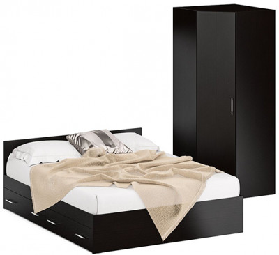 Кровать с ящиками 1600 + Шкаф угловой Стандарт, цвет венге, ШхГхВ 163,5х203,5х70 + 81,2х81,2х200 см., сп.м. 1600х2000 мм., без матраса, основание есть