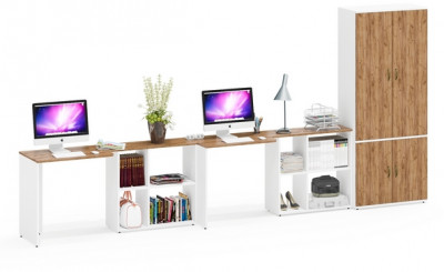 Лидер-8 Стол + Стол + Шкаф МД 20Б, цвет белый шагрень/крафт золото, ШхГхВ 410х50/37,5х75/190 или 230х160/50х75/190 см., НЕ универсальная сборка