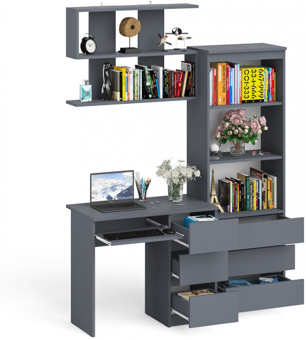 Мори Стол компьютерный МС-6 правый + Стеллаж МСТ600.3 + Полка 900, цвет графит, ШхГхВ 150,4х50х209,6 см., НЕ универсальная сборка