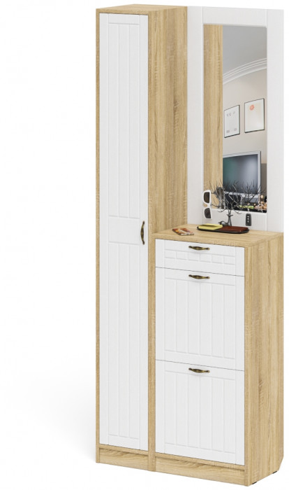 Прихожая П-6 Компоновка № 23, цвет дуб сонома/фасады МДФ белое дерево фрезеровка прованс, ШхГхВ 80х35х210 см., универсальная сборка