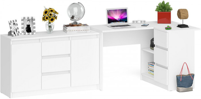 Мори компьютерный стол МС-16 правый + Комод МК1200.3, белый