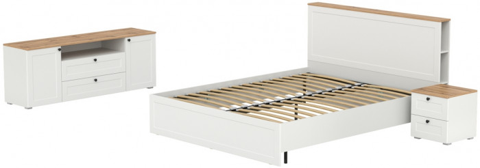 Остин 11.53 Кровать + ортопед + 16.47 Тумба под ТВ + 16.152 Тумба прикроватная, белый шагрень/дуб крафт золотой