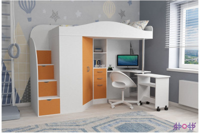 Кровать-чердак Юниор 4 (Белое дерево/Оранжевый)