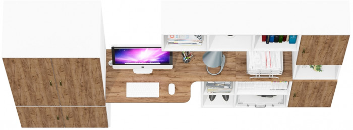 Лидер-8 Шкаф МД 19Б + Стол + Полка + Пенал, белый шагрень/крафт золото