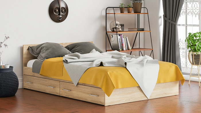 Мори Кровать с ящиками 1400, цвет дуб сонома, ШхГхВ 143,5х203,5х70 см., сп.м. 1400х2000 мм., без матраса, основание есть