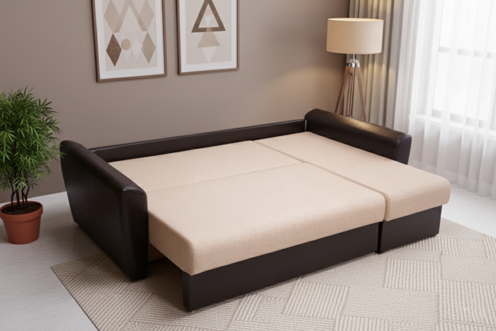 Диван-еврокнижка угловой Амстердам, 150х200, рогожка/экокожа бежево-коричневый