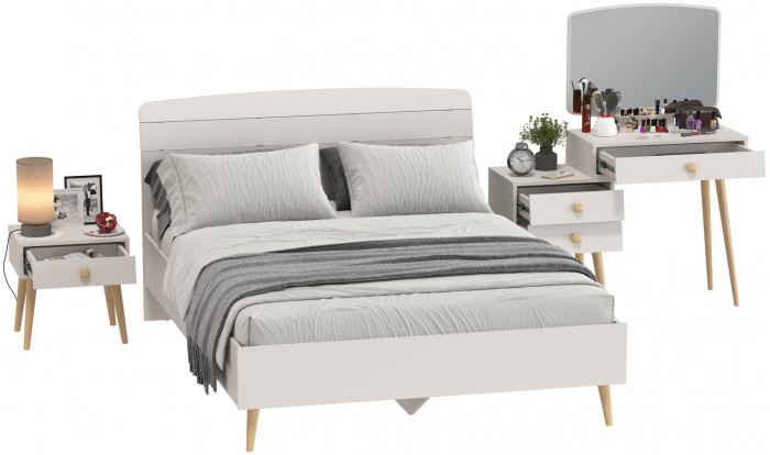 Афина Спальня Кровать 1400 + Трюмо + Тумба, цвет кашемир серый, ШхГхВ 144,6х210,2х95,7 + 105х38,6х129 + 45х37х45 см., 1400х2000 мм., б/м, осн. есть