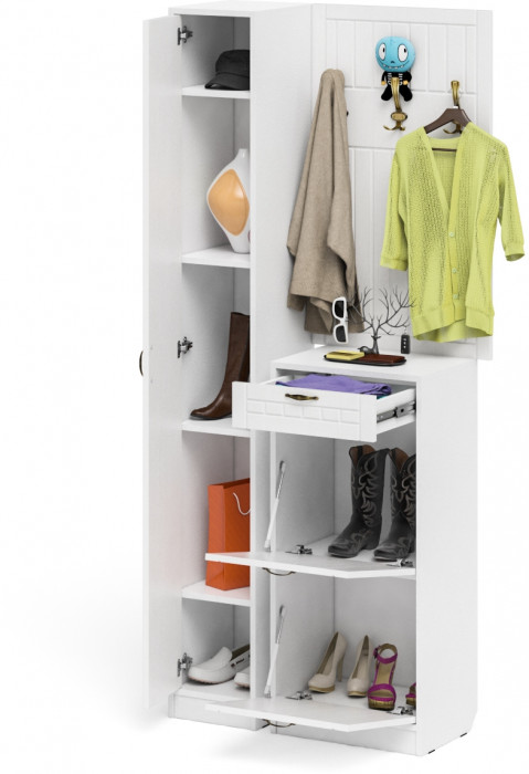 Прихожая П-6 Компоновка № 24, цвет белая шагрень/фасады МДФ белое дерево фрезеровка прованс, ШхГхВ 90х35х220 см., универсальная сборка