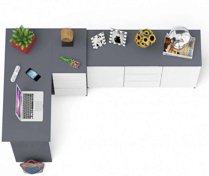 Мори компьютерный стол МС-16 правый + Комод МК1200.3, графит/белый