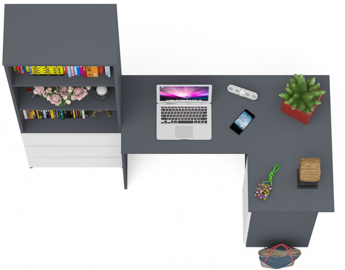 Мори компьютерный стол МС-16 правый + Стеллаж МСТ600.3, графит/белый