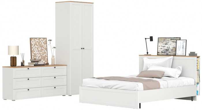 Остин 11.53 Кровать + ортопед + 13.224 Шкаф + 16.240 Комод, белый шагрень/дуб крафт золотой