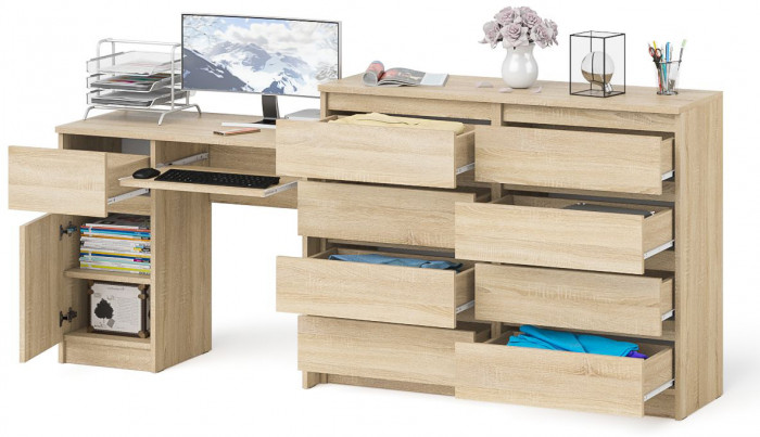 Мори Стол компьютерный МС-1 левый + Комод МК1200.8, цвет дуб сонома, ШхГхВ 210,4х50х94 см., выдвижной ящик слева, НЕ универсальная сборка