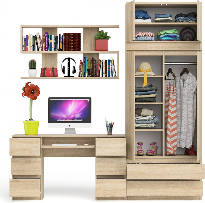Мори компьютерный стол МС-2 + Шкаф МШ900.1 + Антресоль МА900.1 + Полка 1200, дуб сонома