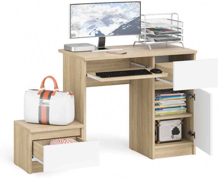 Мори Стол компьютерный МС-1 правый + Тумба ТМП400.1, цвет дуб сонома/белый, ШхГхВ 130,4х50х76,6 см., выдвижной ящик справа, НЕ универсальная сборка