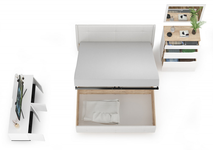 Муссон Кровать 11.28 + под. ортопед + 13.97 + Зеркало СВК + Тумба ТВ 13.276, цвет белый/чёрный/дуб эндгрейн элегантный/кожзам белый, 1600х2000 мм, б/м