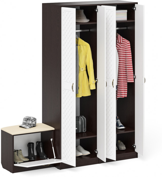 Прихожая П-6 Компоновка № 07, цвет венге/фасады МДФ белое дерево фрезеровка ромб, ШхГхВ 180х50х210 см., универсальная сборка