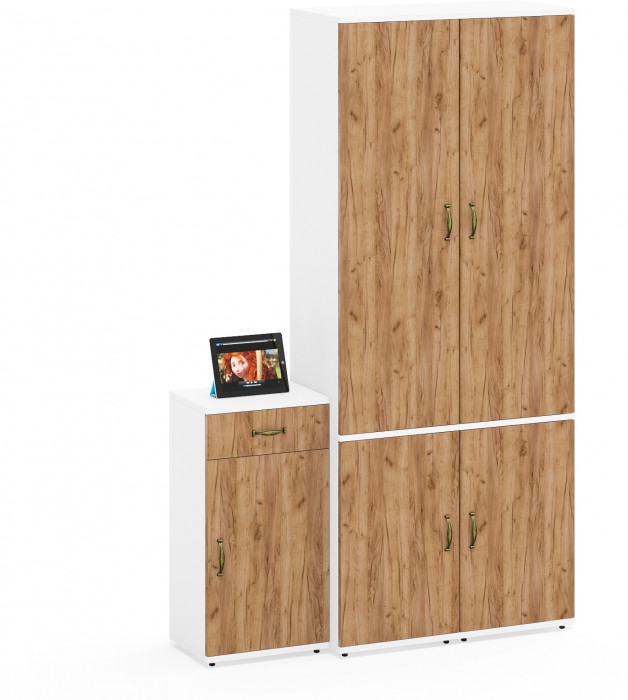 Лидер-8 Пенал МД 21Б + Пенал МД 21Б + Тумба МД 3.15, белый шагрень/крафт золото