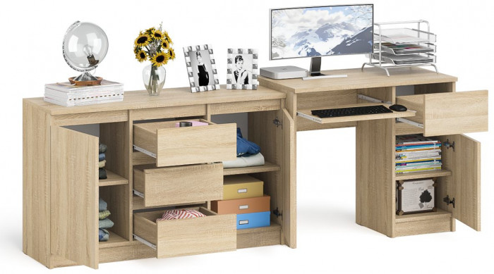 Мори компьютерный стол МС-1 правый + Комод МК1200.3, дуб сонома