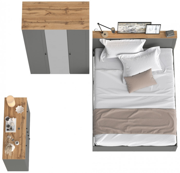 Остин 11.53 Кровать + ортопед + 13.336.03 Шкаф для одежды + 16.221 Комод, серый графит/дуб крафт золотой