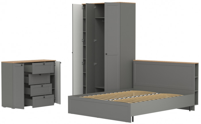 Остин 11.53 Кровать + ортопед + 13.336.03 Шкаф для одежды + 16.221 Комод, серый графит/дуб крафт золотой